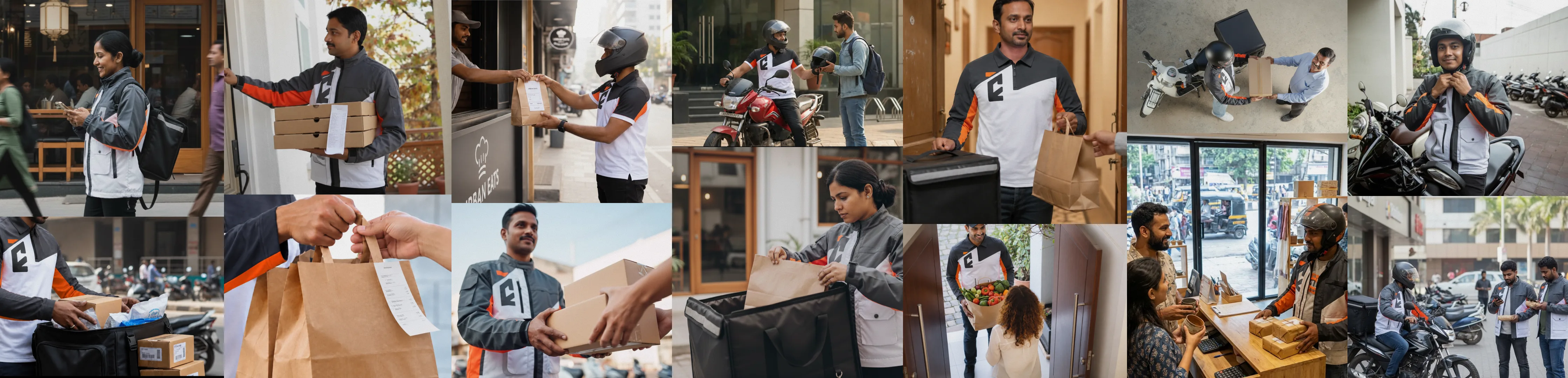Dispatch delivery partners handing off parcels, riding, and collecting orders